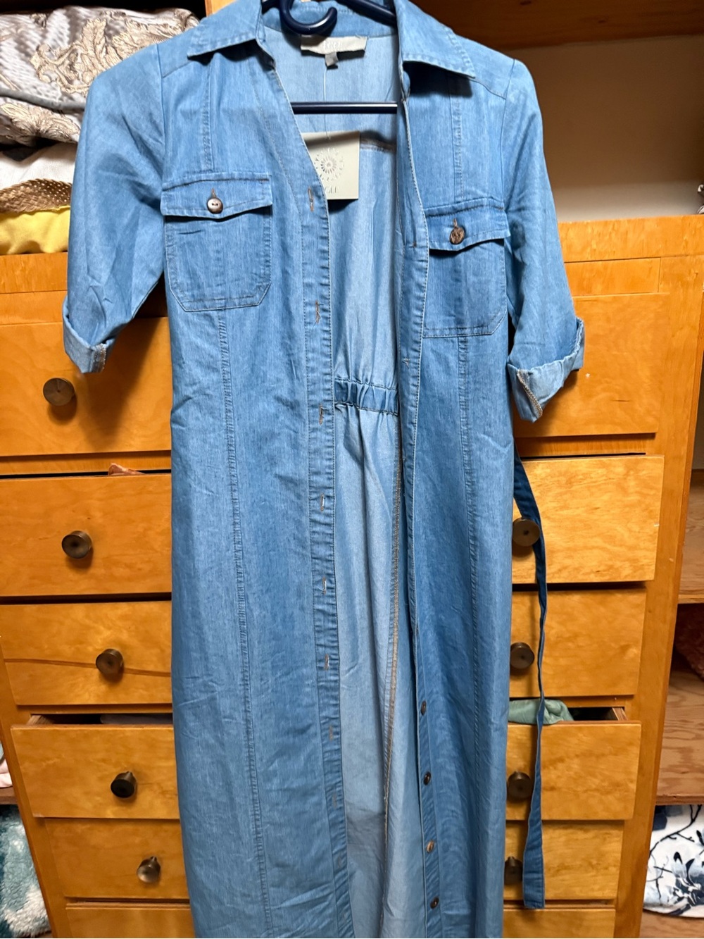 Light Blue Denim Maxi Shirt Dress with Waist Tie